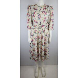 VINTAGE 80s 90s BEIGE FLORAL PLRINT BELTED A-LINE SHIRT DRESS - CALIFORNIA LOOKS